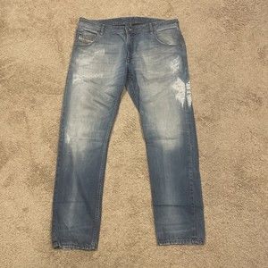 Diesel Krayver Regular Slim-Carrot Jeans Mens Distressed Blue Denim Size 38